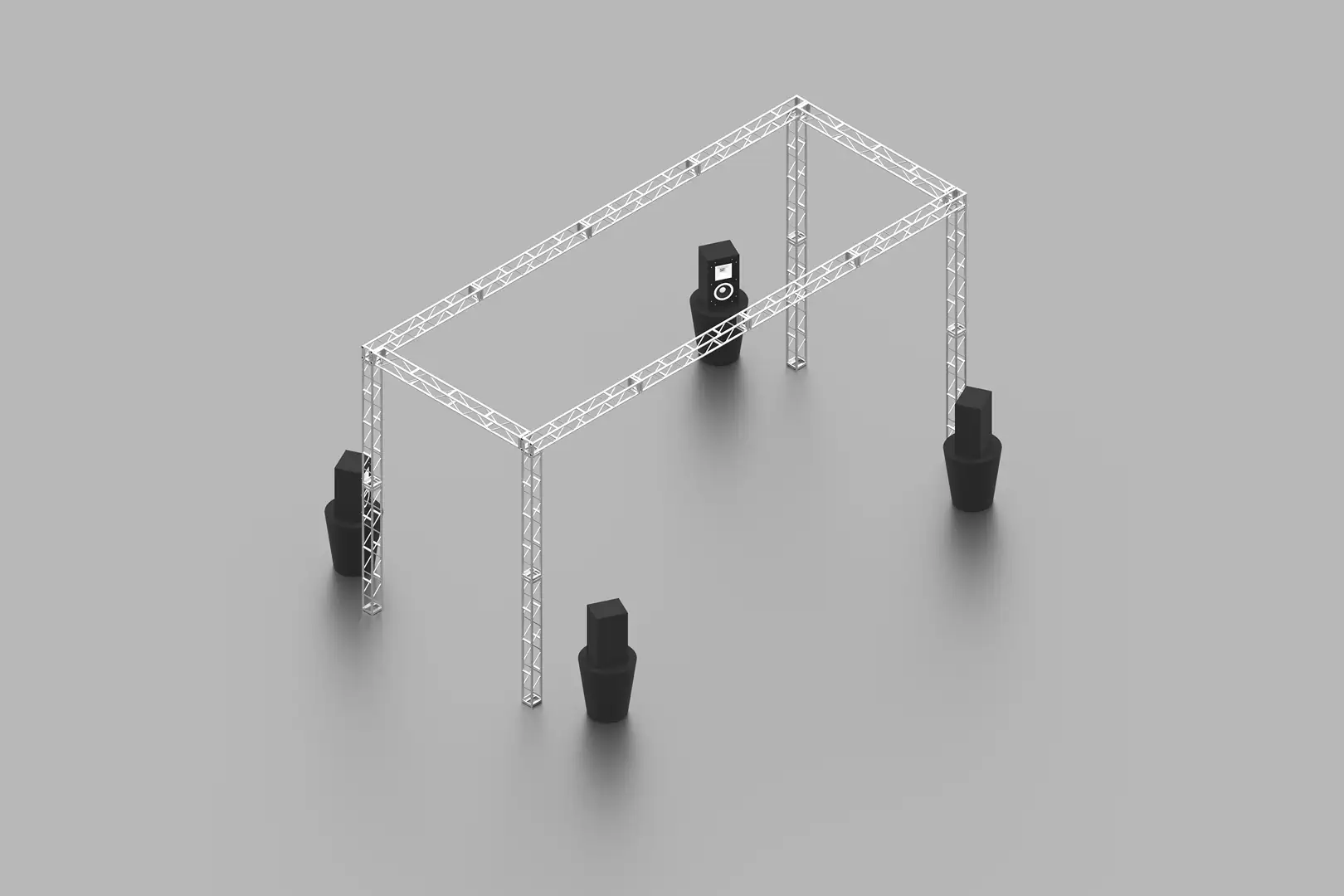 Die Lautsprecher wurden in Quad-Positionierung erhöht aufgestellt, um ein optimales Abstrahlverhalten zu gewährleisten.