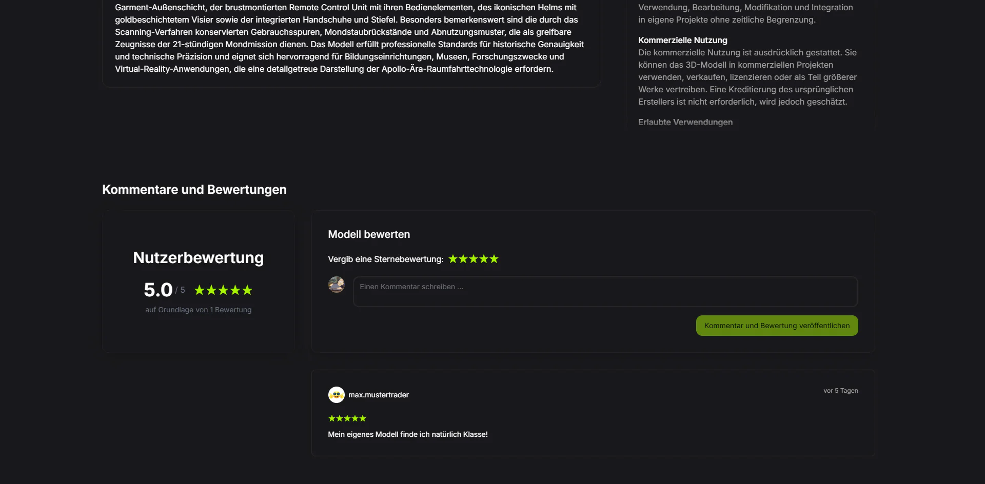 Kommentar- und Bewertungsbereich für dieses Modell