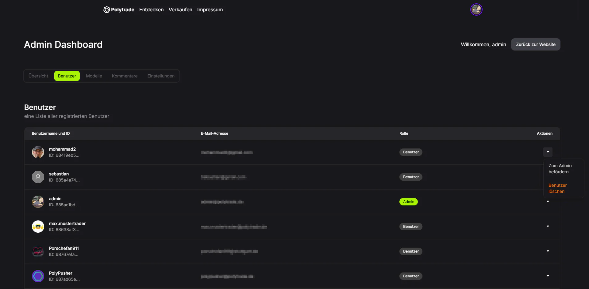 Admin-Dashboard: Useransicht. User können zum Admin befördert / zu regulären Usern degradiert oder gelöscht werden (E-Mail-Adressen zensiert)