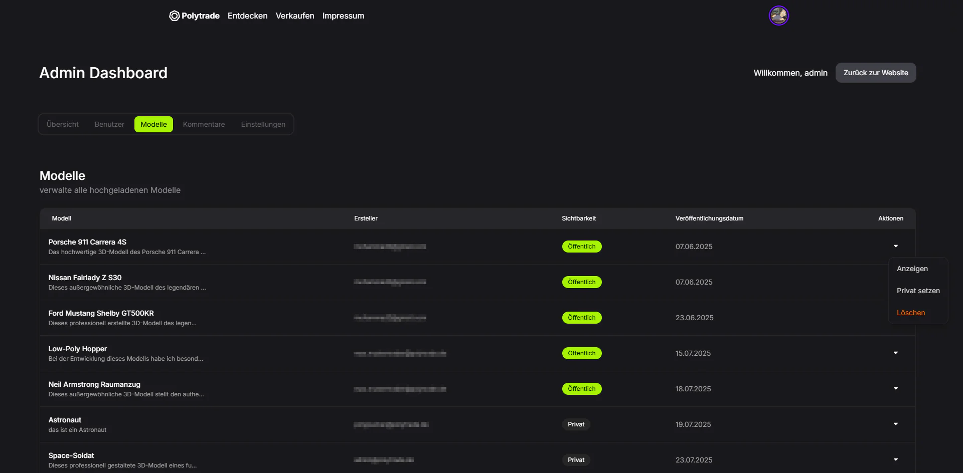 Admin-Dashboard: Modellansicht. Modelle können angezeigt, privat / öffentlich gesetzt oder gelöscht werden (E-Mail-Adressen zensiert)