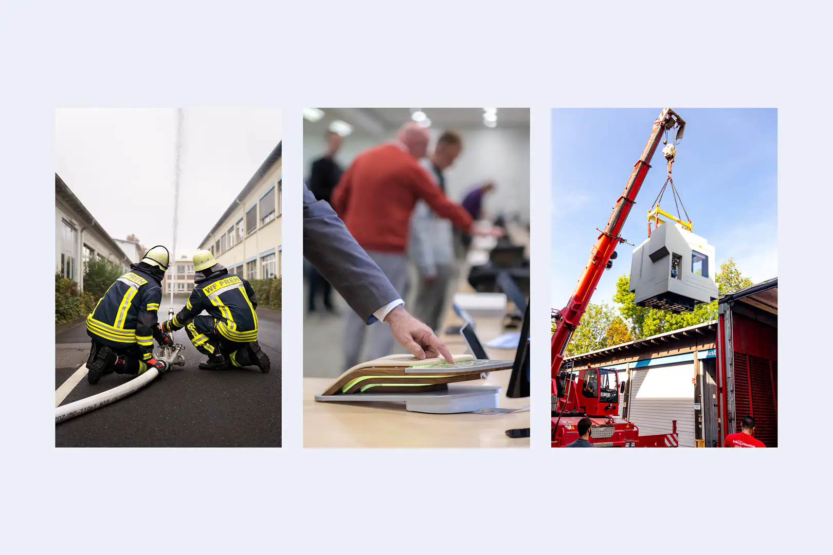 Links: Dokumentation der Inbetriebnahme eines neuen Löschwagens für die Werksfeuerwehr; Mitte: Dokumentation des internen Innovation Days (Exponate im Hintergrund unterlagen der Geheimhaltung); Rechts: Anlieferung einer neuen Fräsmaschine für die Ausbildung