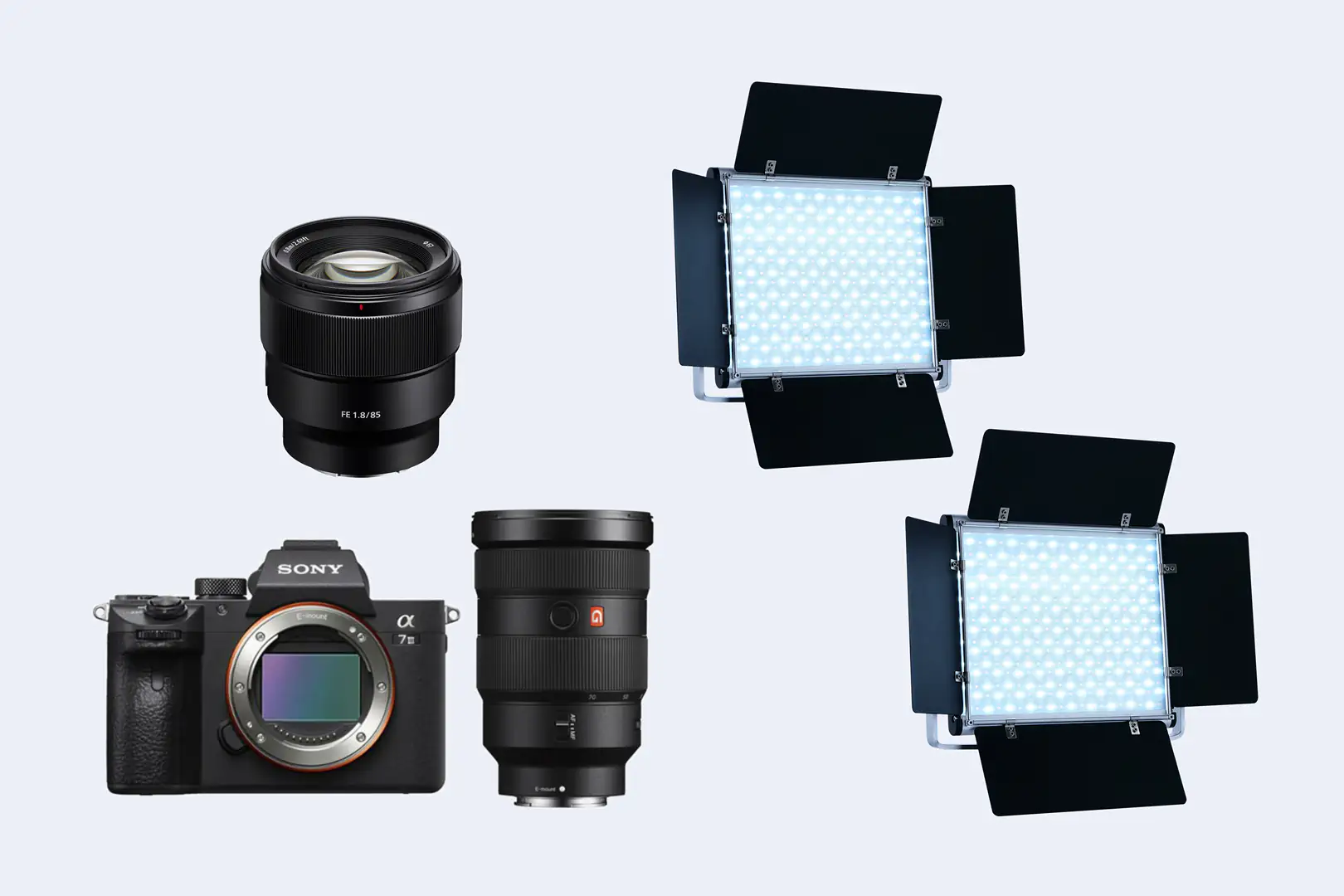 Auswahl der zukünftig genutzten Medientechnik: Kamera Sony A7III mit 24–70 F2.8 und 85 F1.8 Objektiven und zwei Flächenleuchten